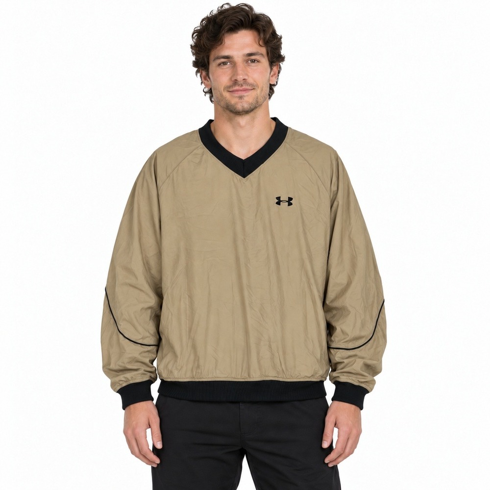 Under Armour Windbreaker Men Large Tan Black V-Neck Mesh Lined Pullover Golf
